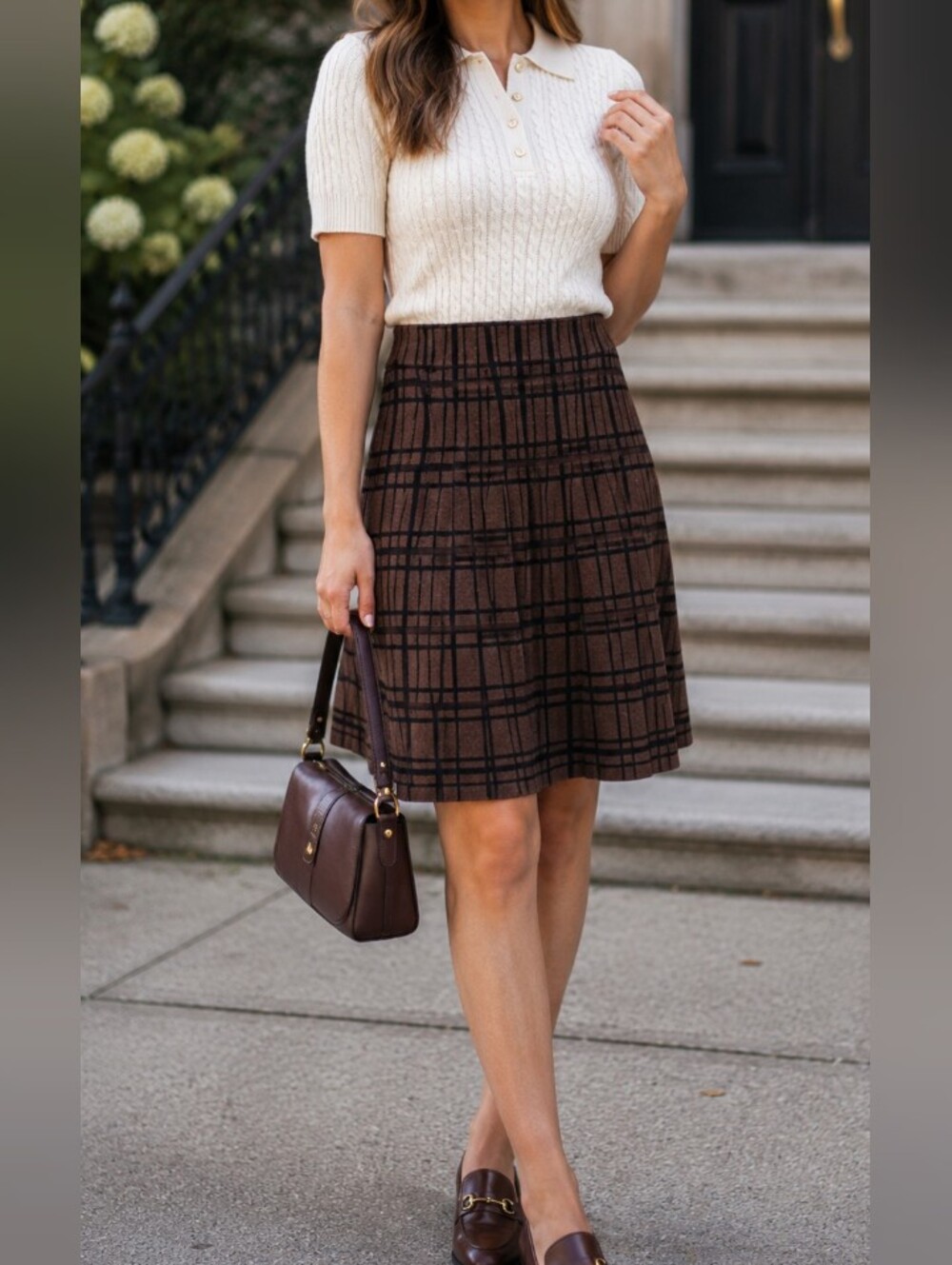 Max Studio Brown Black Windowpane Plaid A-Line Knit Skirt Preppy Career
